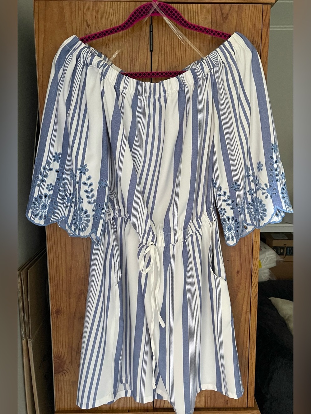 Stylehouse Blue & White Striped Off-Shoulder Mini Dress